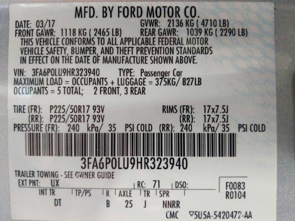 2017 Ford Fusion - VIN Plate