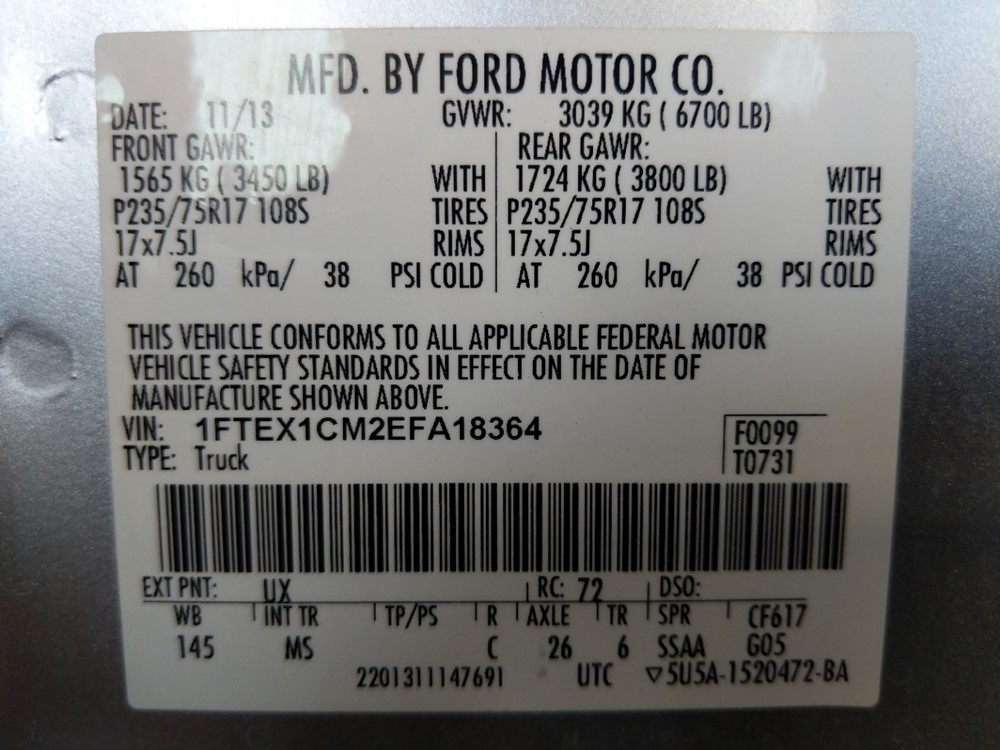 2014 Ford F-150 - VIN Plate