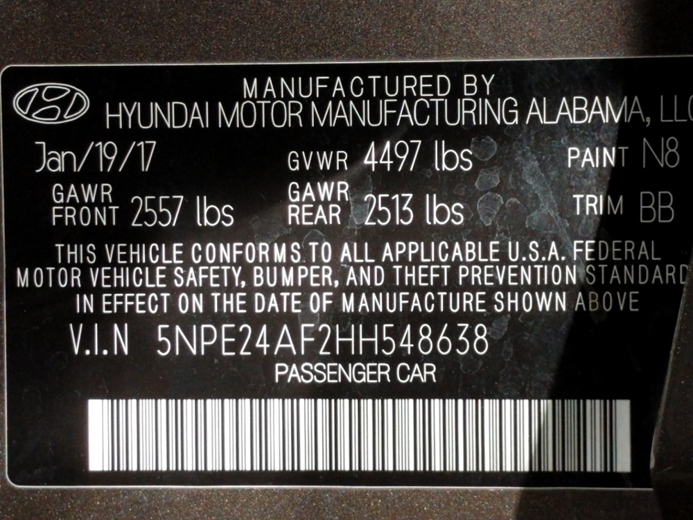 2017 Hyundai Sonata - VIN Plate