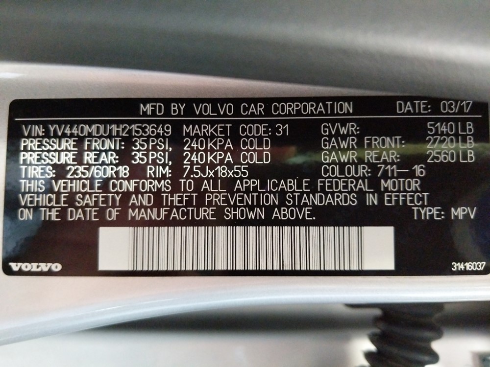 2017 Volvo XC60 - VIN Plate