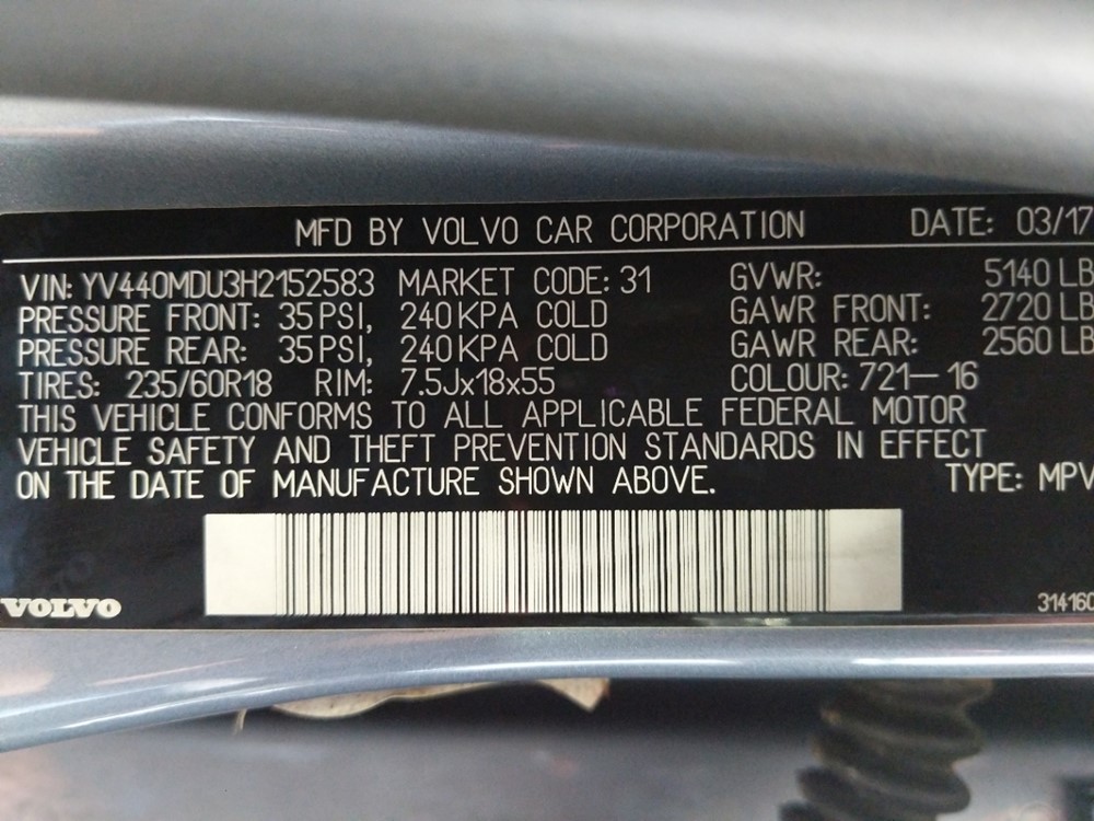 2017 Volvo XC60 - VIN Plate