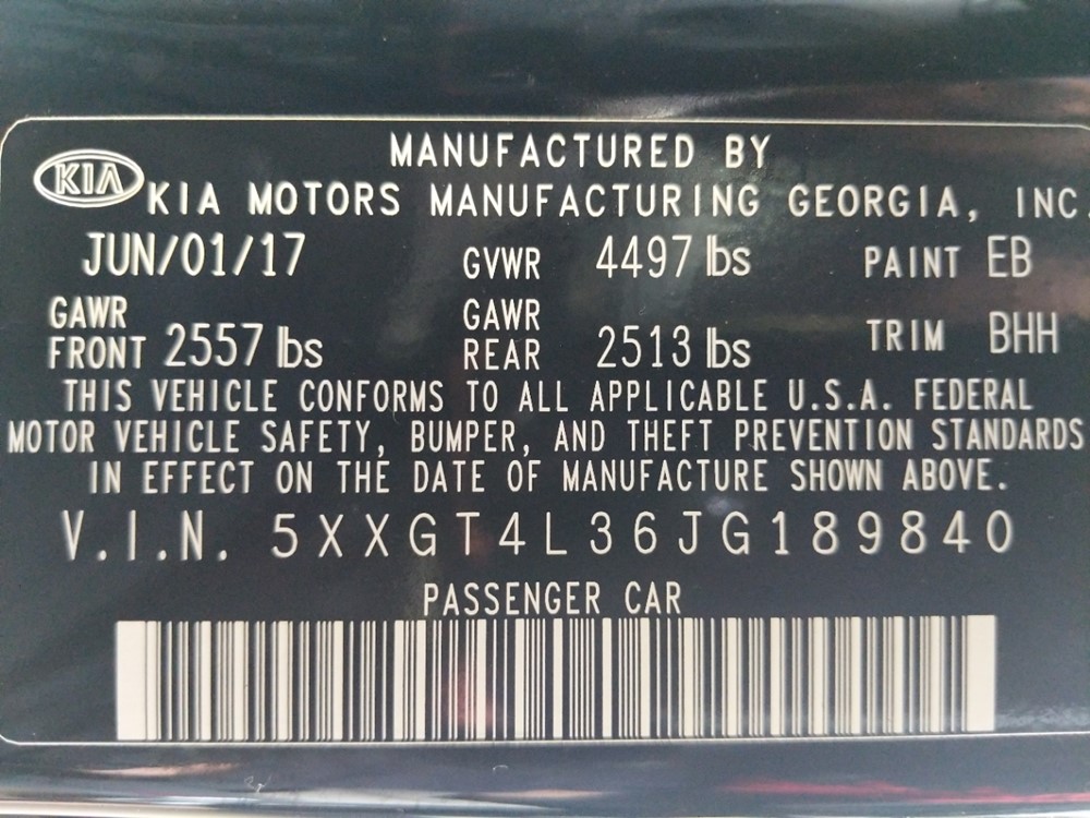 2018 Kia Optima - VIN Plate