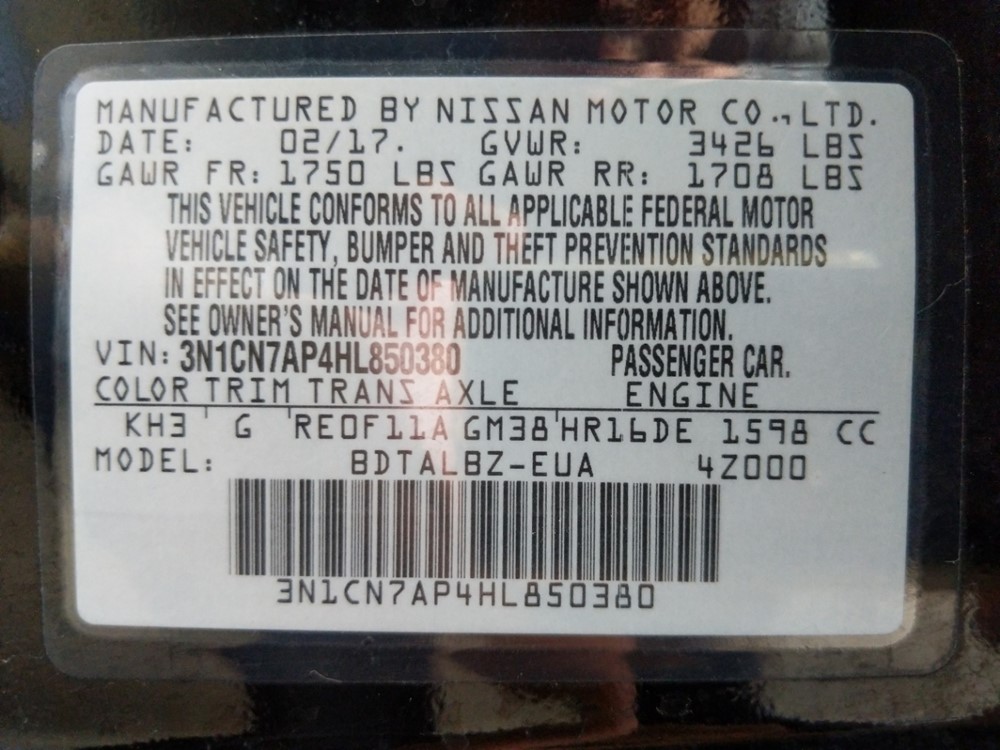 2017 Nissan Versa - VIN Plate