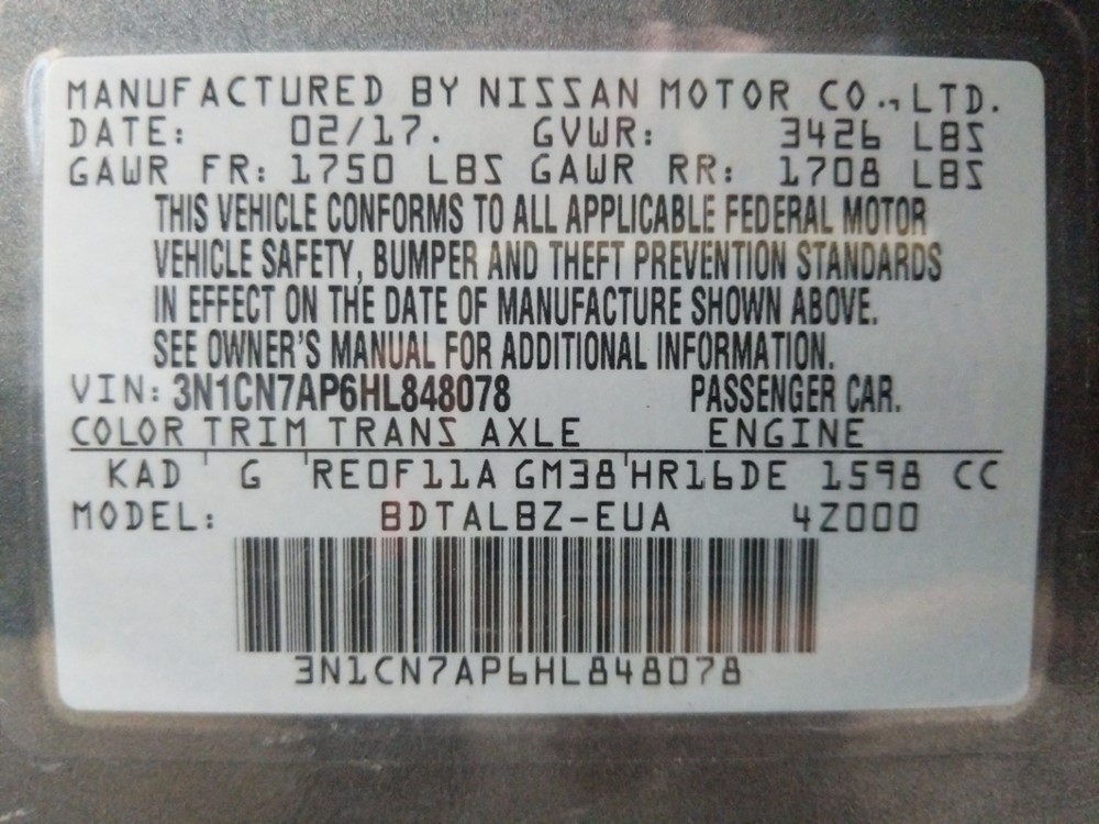 2017 Nissan Versa - VIN Plate