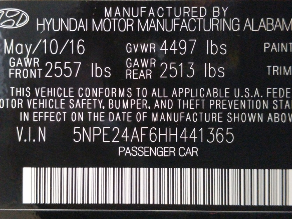 2017 Hyundai Sonata - VIN Plate