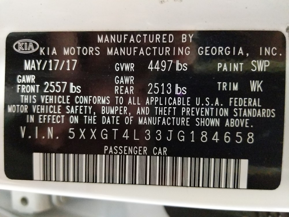 2018 Kia Optima - VIN Plate