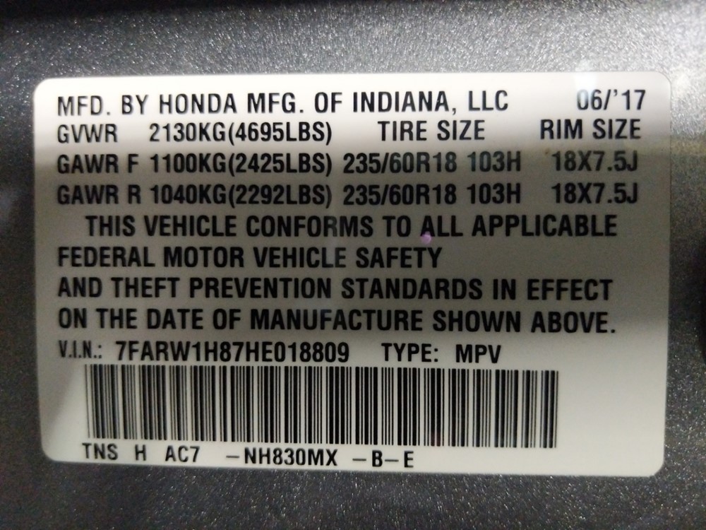 2017 Honda CR-V - VIN Plate