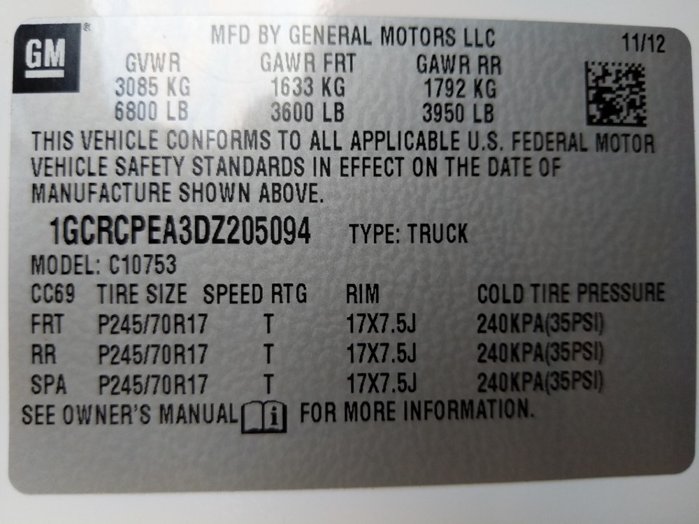 2013 Chevrolet Silverado 1500 - VIN Plate