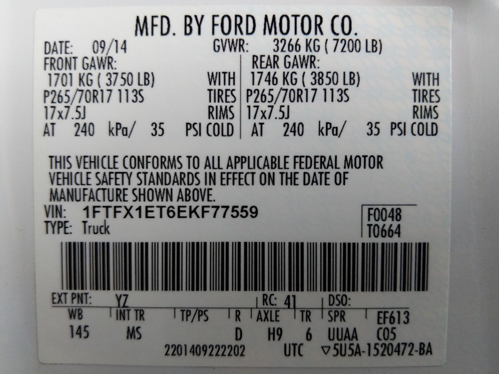 2014 Ford F-150 - VIN Plate