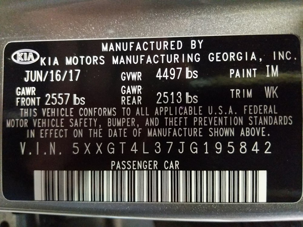 2018 Kia Optima - VIN Plate