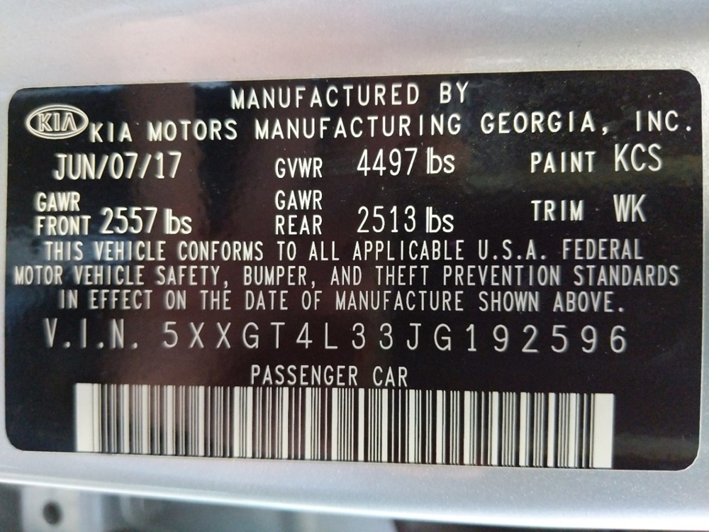 2018 Kia Optima - VIN Plate
