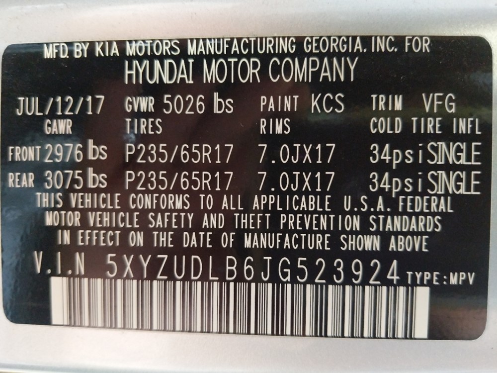 2018 Hyundai Santa Fe - VIN Plate