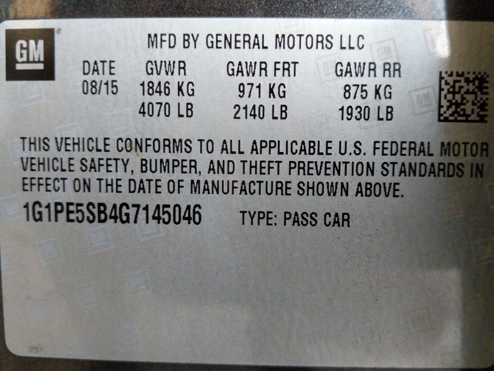 2016 Chevrolet Cruze - VIN Plate