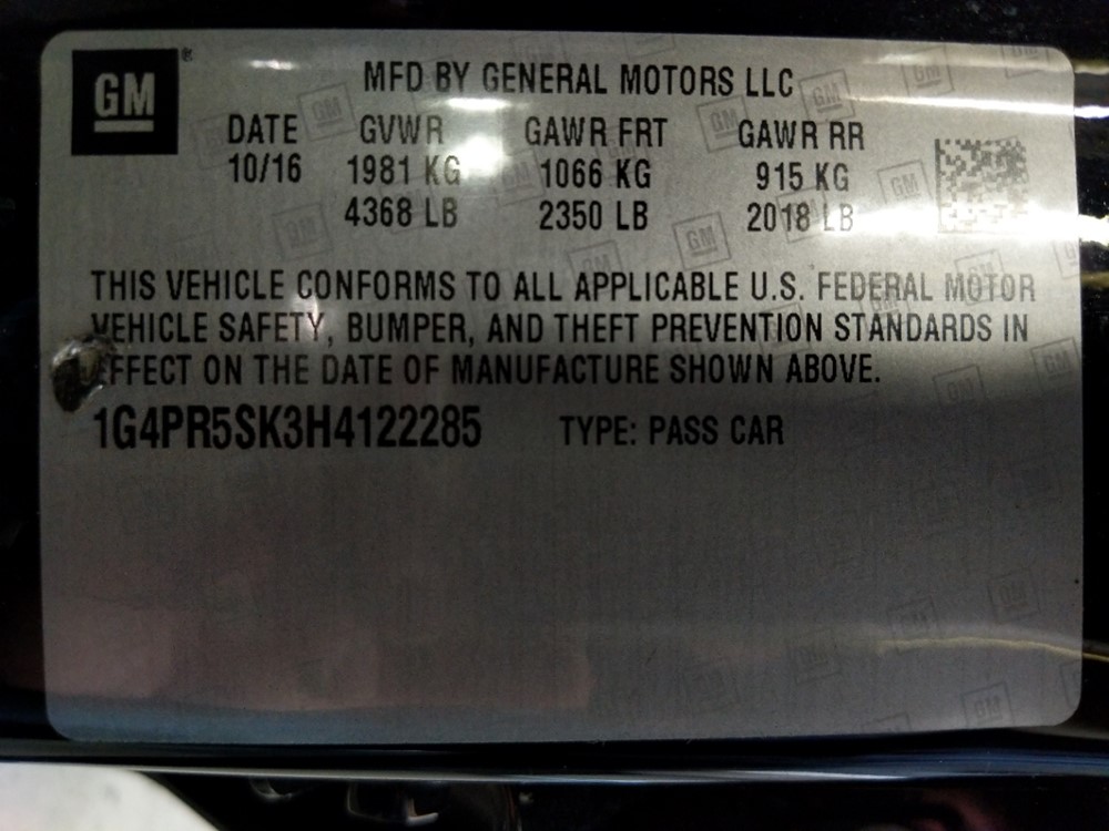 2017 Buick Verano - VIN Plate