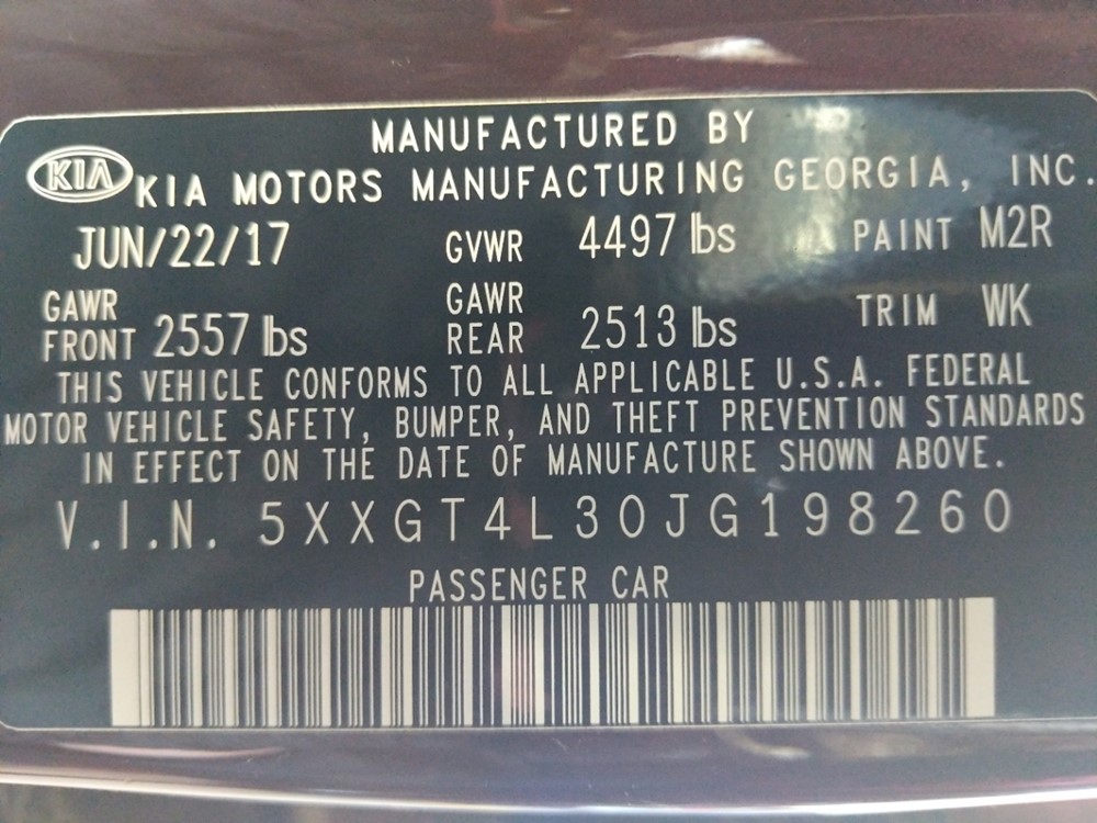 2018 Kia Optima - VIN Plate