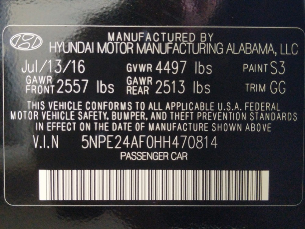2017 Hyundai Sonata - VIN Plate