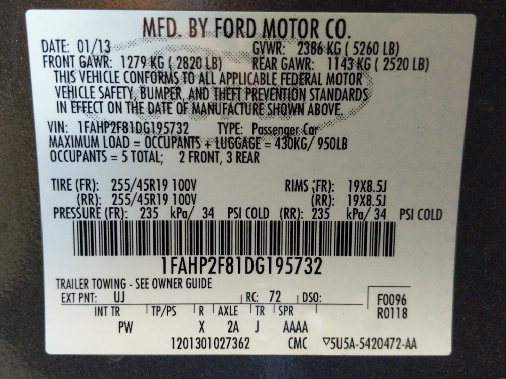 2013 Ford Taurus - VIN Plate