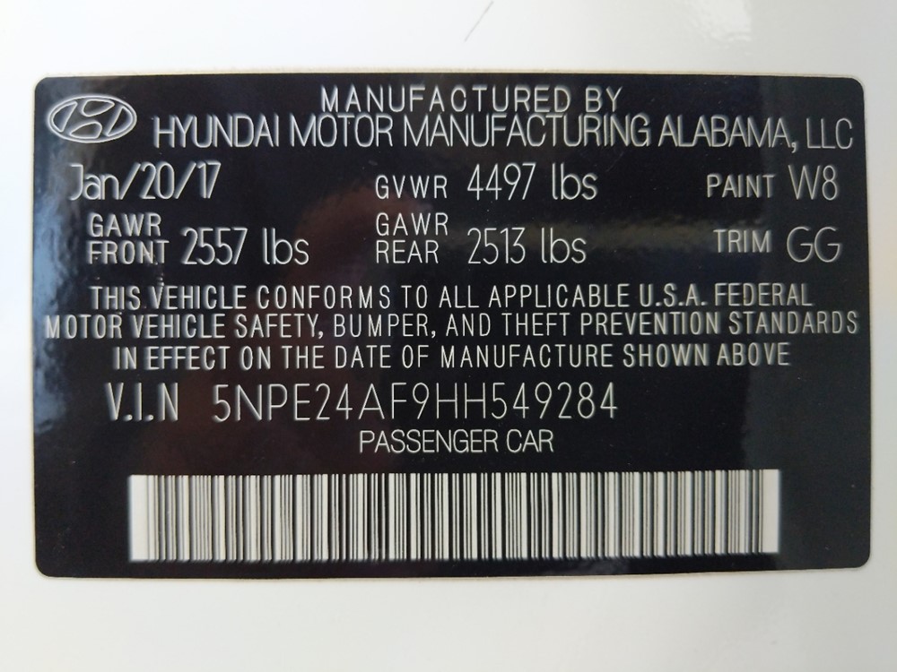 2017 Hyundai Sonata - VIN Plate