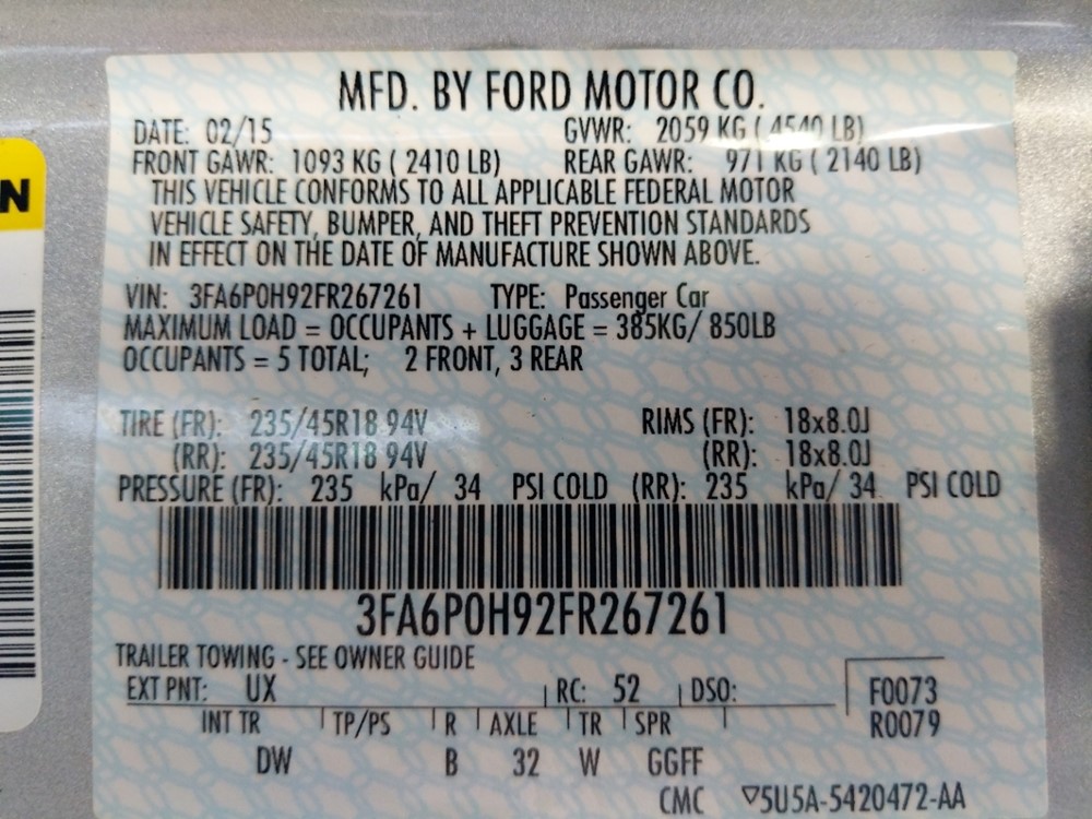 2015 Ford Fusion - VIN Plate