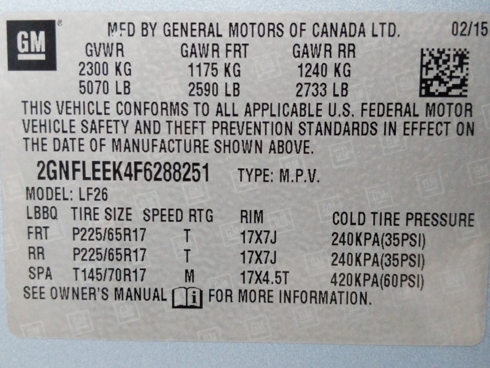 2015 Chevrolet Equinox - VIN Plate