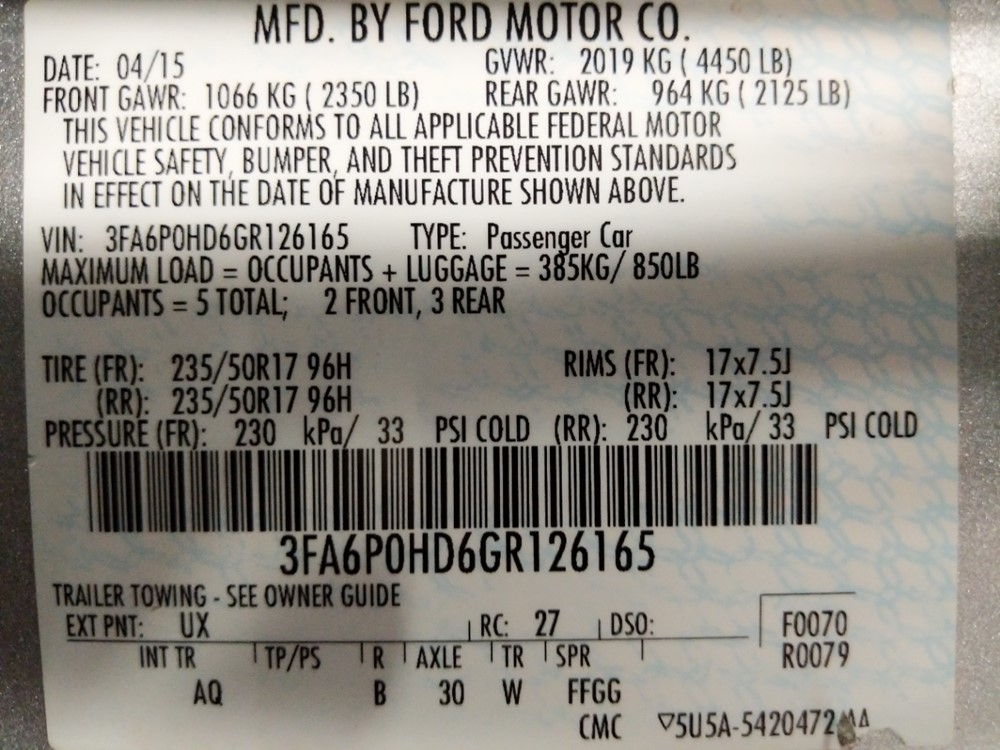 2016 Ford Fusion - VIN Plate