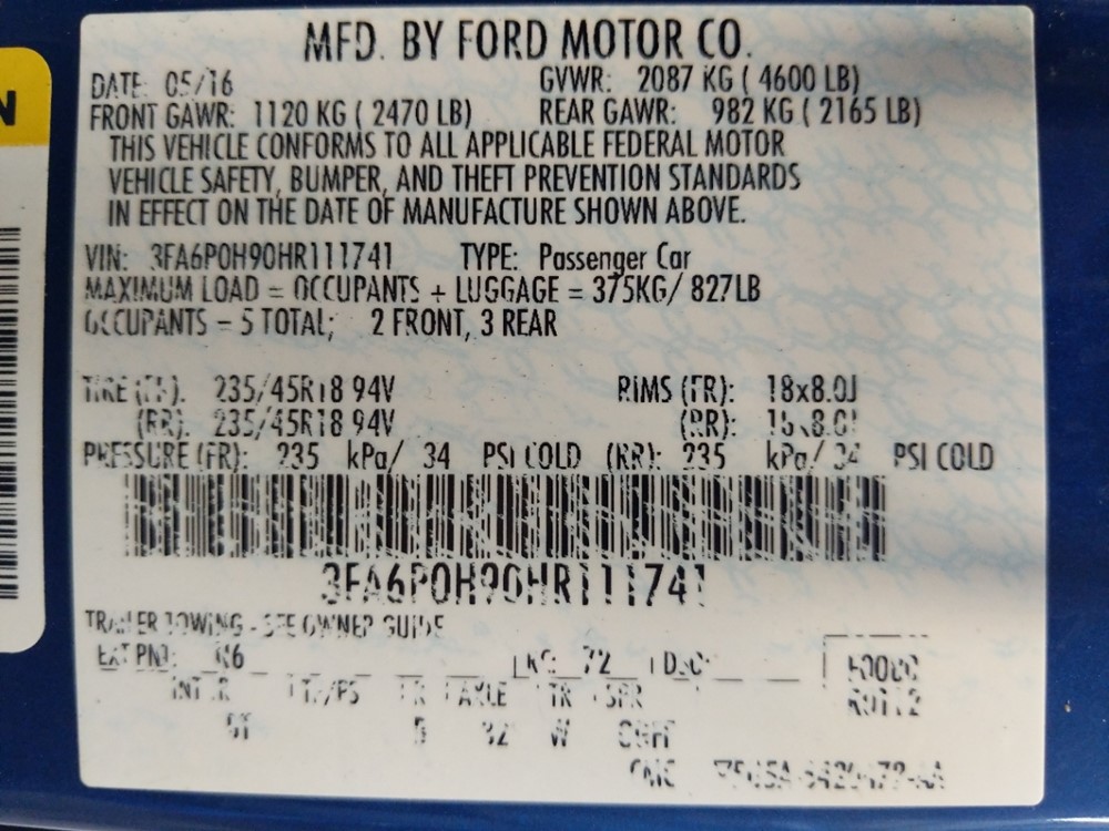 2017 Ford Fusion - VIN Plate