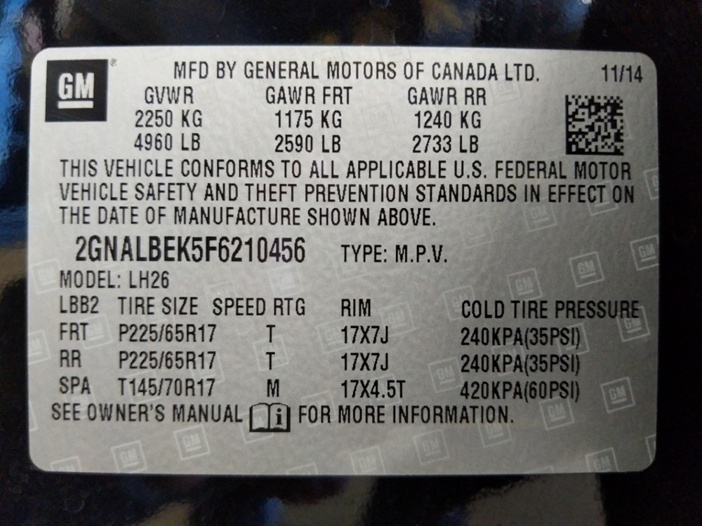 2015 Chevrolet Equinox - VIN Plate