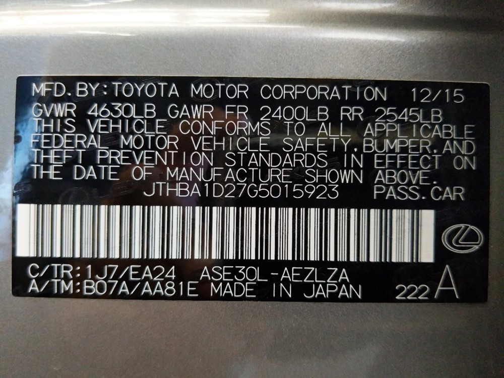 2016 Lexus IS 200t - VIN Plate