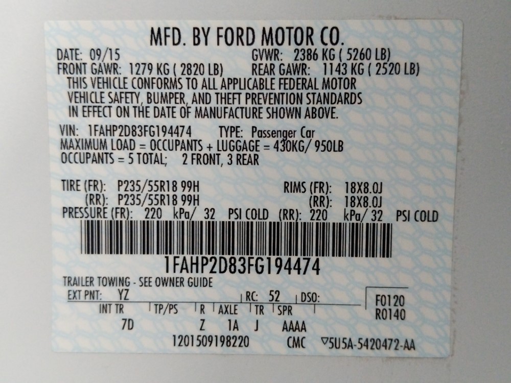 2015 Ford Taurus - VIN Plate
