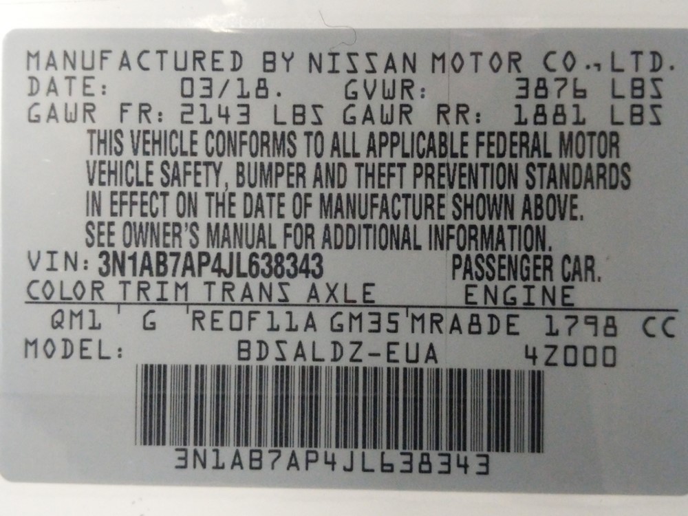 2018 Nissan Sentra - VIN Plate