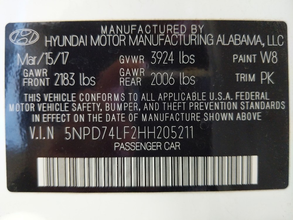 2017 Hyundai Elantra - VIN Plate