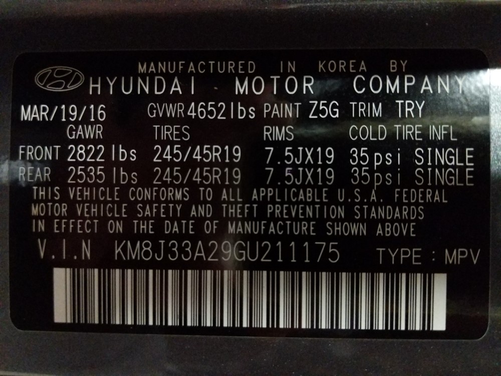 2016 Hyundai Tucson - VIN Plate