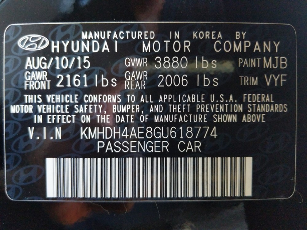 2016 Hyundai Elantra - VIN Plate