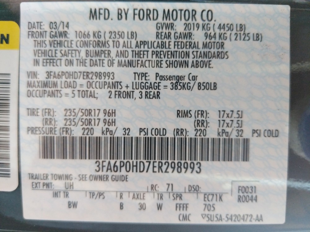 2014 Ford Fusion - VIN Plate