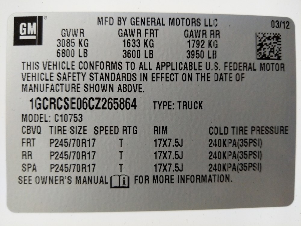 2012 Chevrolet Silverado 1500 - VIN Plate