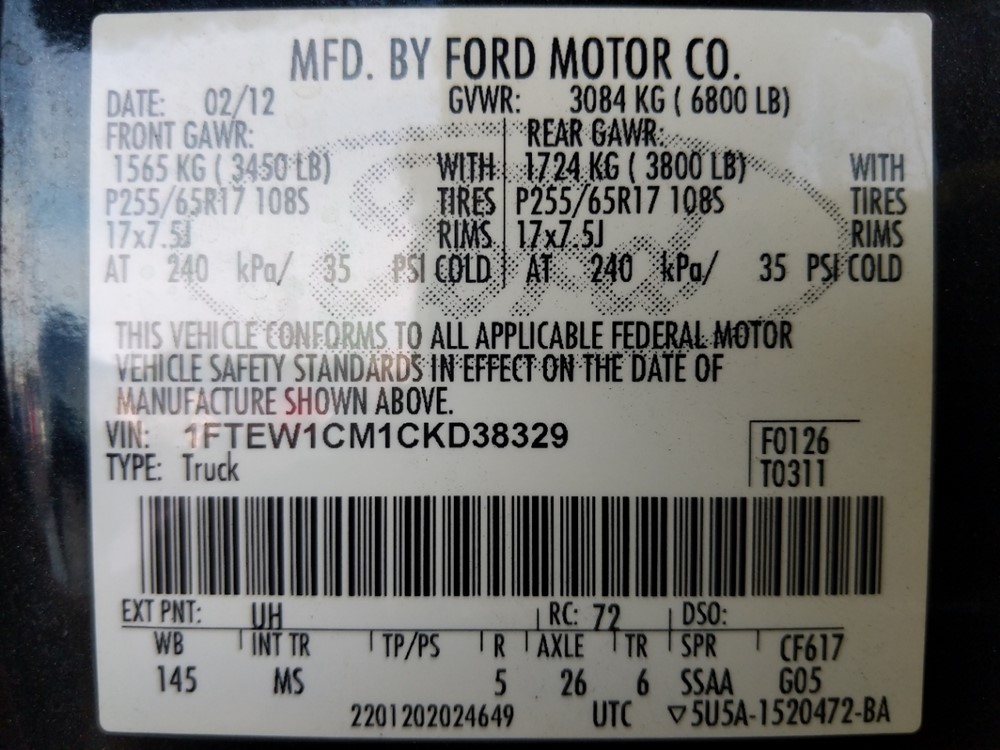 2012 Ford F-150 - VIN Plate