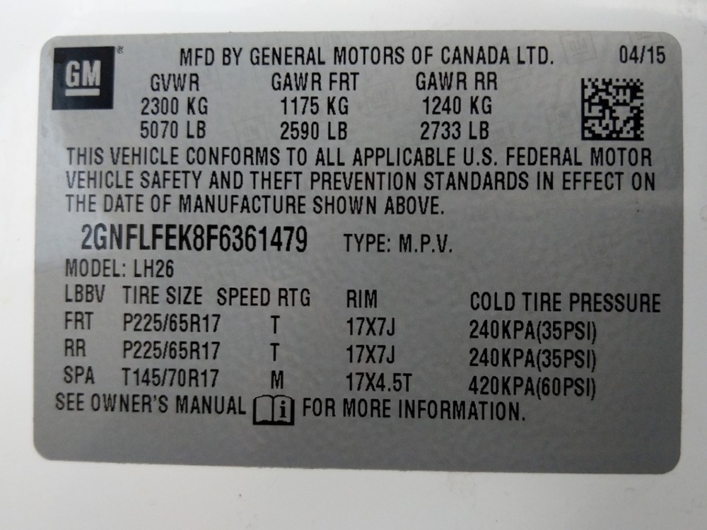 2015 Chevrolet Equinox - VIN Plate