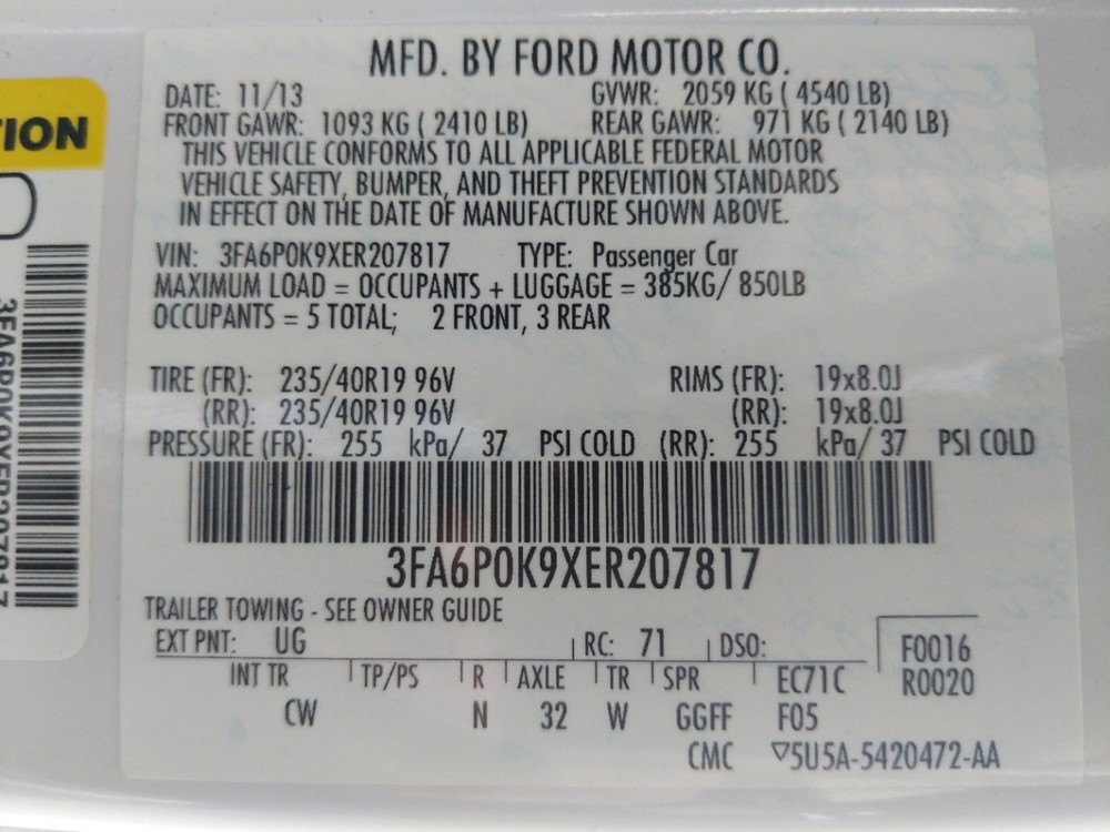 2014 Ford Fusion - VIN Plate