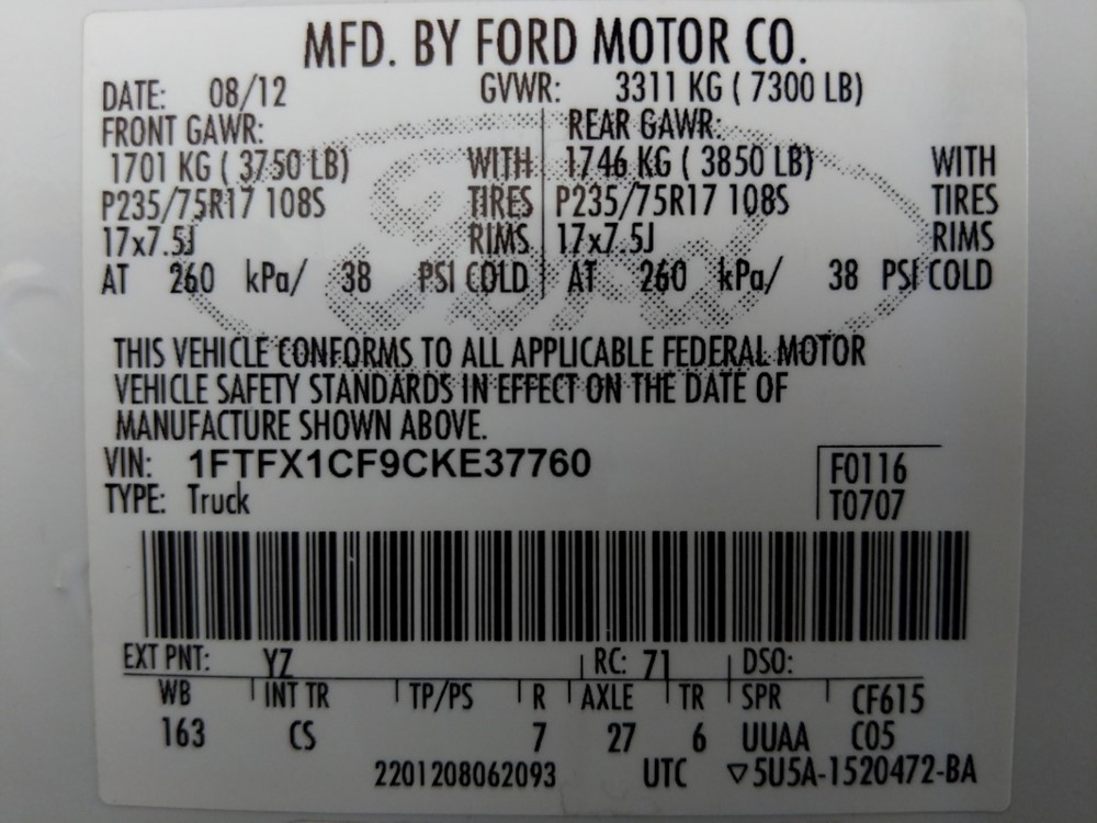 2012 Ford F-150 - VIN Plate
