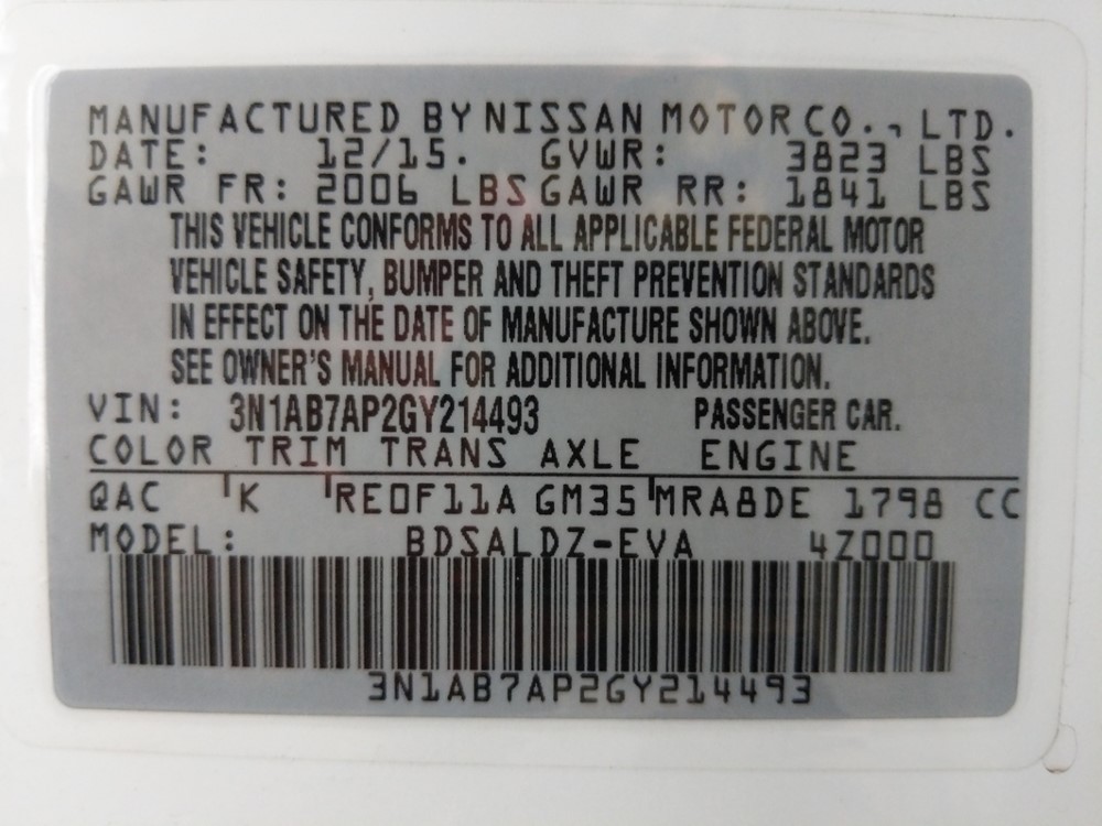 2016 Nissan Sentra - VIN Plate