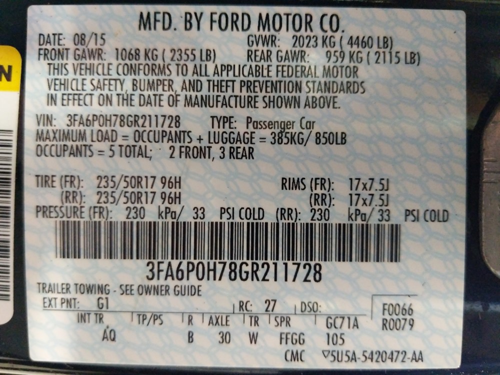 2016 Ford Fusion - VIN Plate