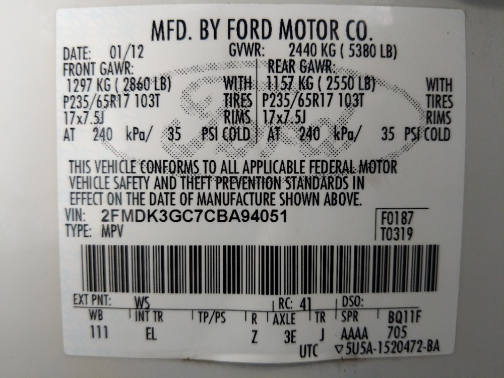 2012 Ford Edge - VIN Plate