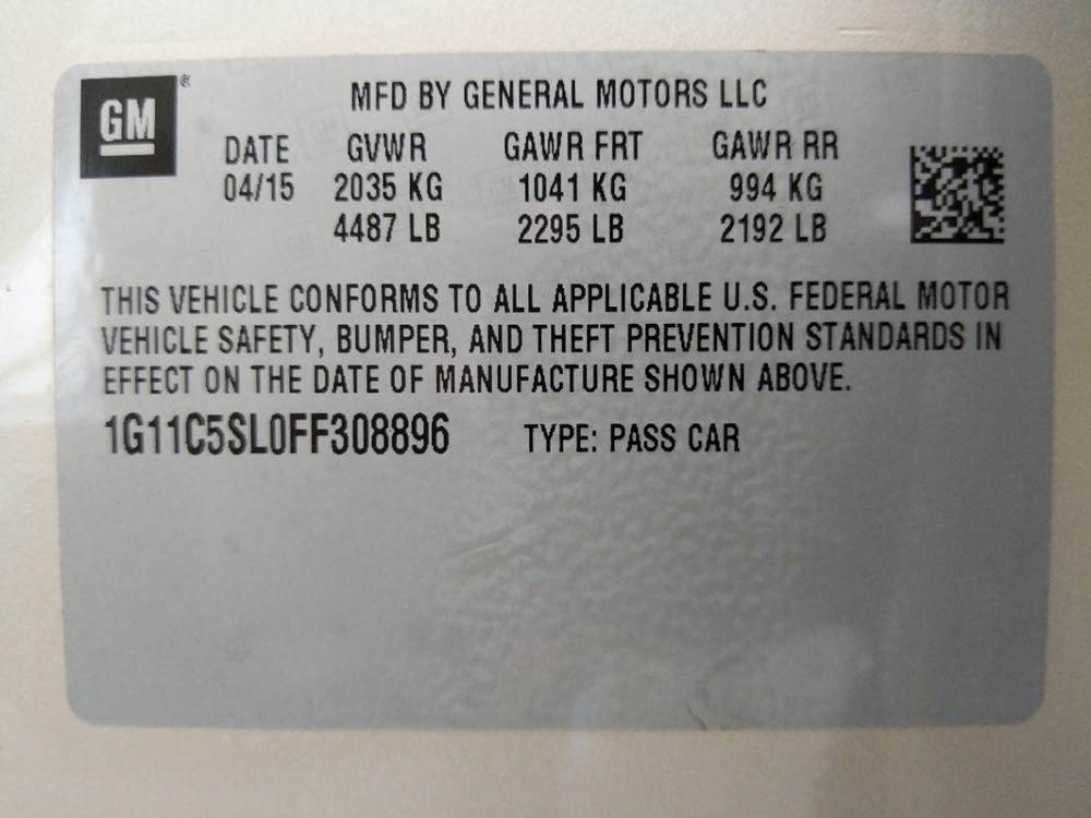 2015 Chevrolet Malibu - VIN Plate
