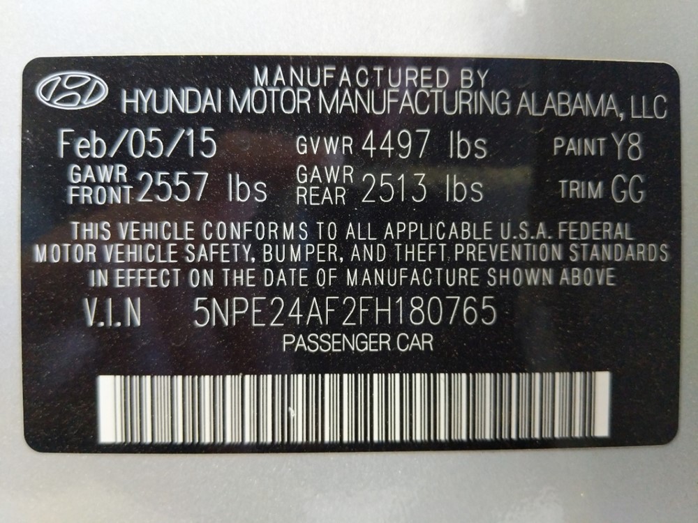 2015 Hyundai Sonata - VIN Plate