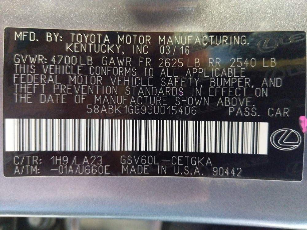 2016 Lexus ES 350 - VIN Plate