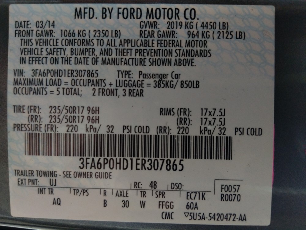 2014 Ford Fusion - VIN Plate