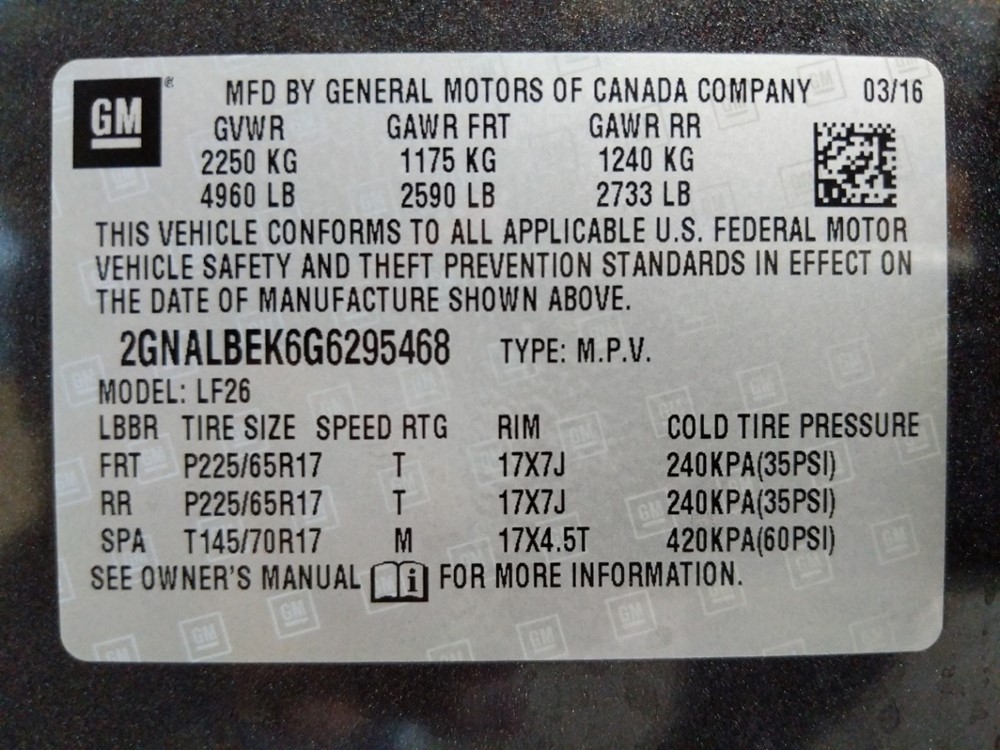 2016 Chevrolet Equinox - VIN Plate
