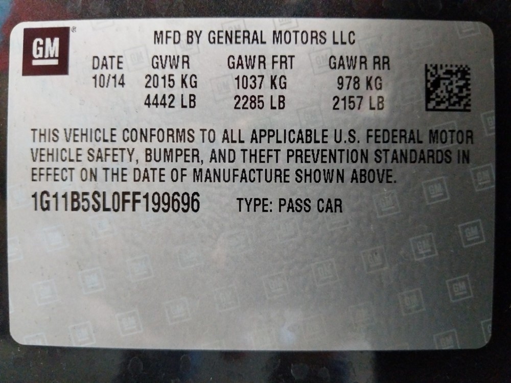 2015 Chevrolet Malibu - VIN Plate