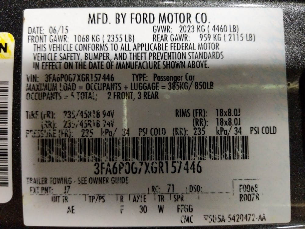 2016 Ford Fusion - VIN Plate