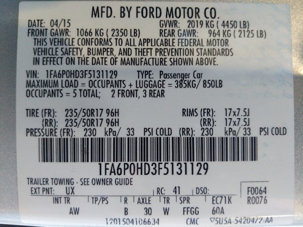 2015 Ford Fusion - VIN Plate